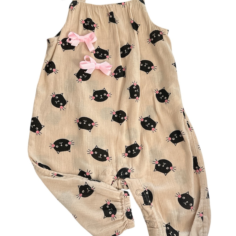 Cat Print Baby Romper with Pink Bows
